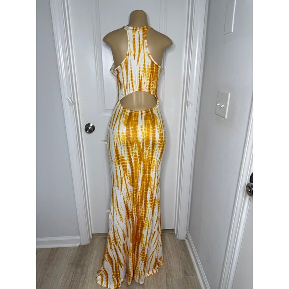 Yellow & White Tie-Dye Sleeveless Maxi Dress With Racerback & Cutout Detail - Picture 3 of 4
